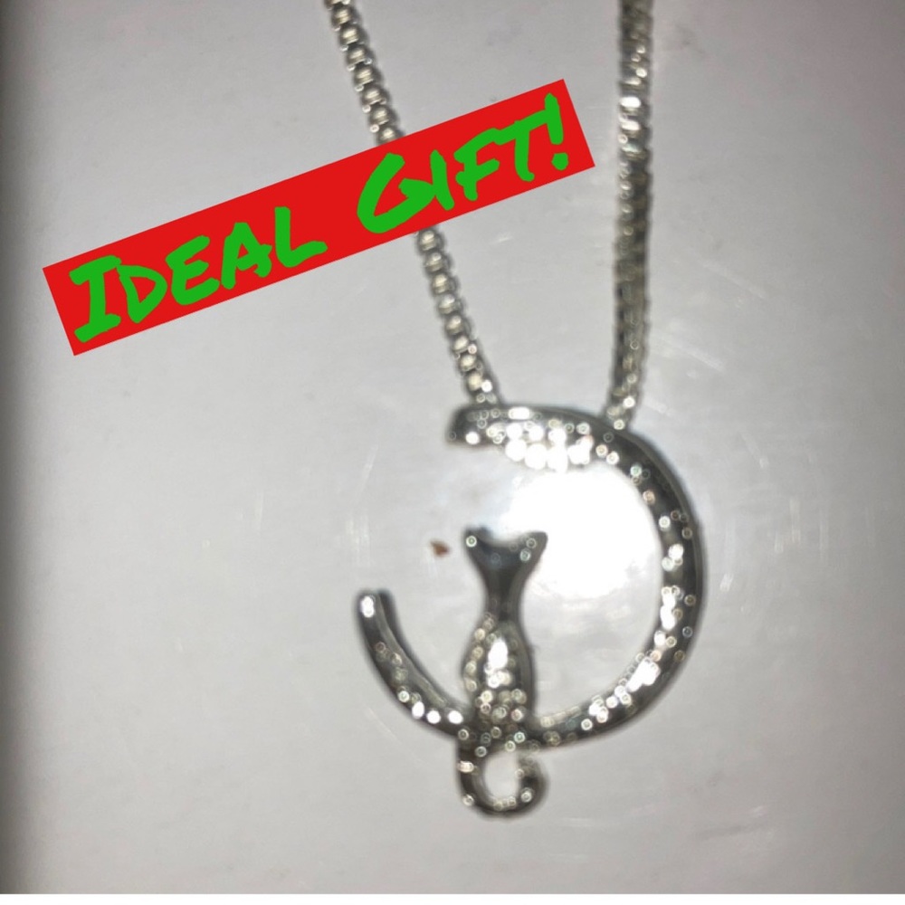 Cat on Crescent Moon Pendant with chain